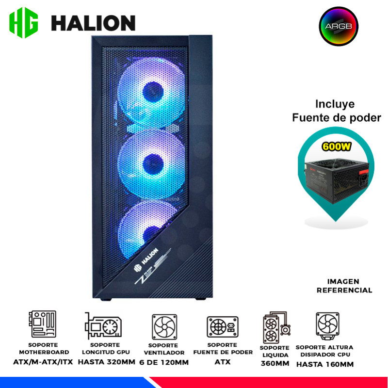 CASE GAMER HALION TORNADO 03 NEGRO, F/600W, 4 COOLER ARGB, MALLA, V/TEMPLADO