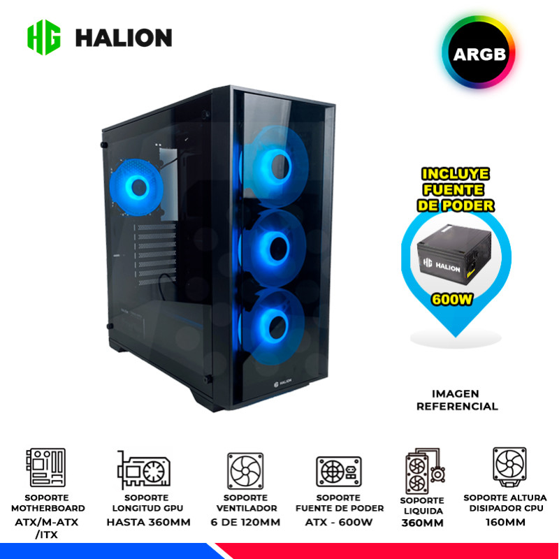 CASE GAMER HALION ARIES A10, F/600W, ARGB, V/TEMPLADO