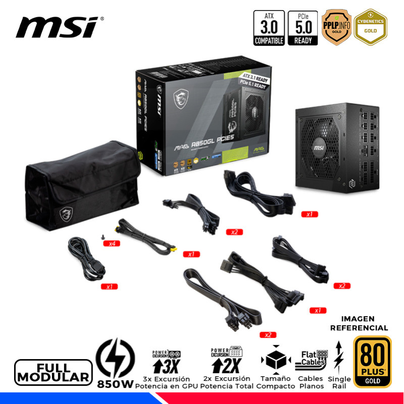 FUENTE DE PODER MAG A850GL PCIE5, 80 PLUS GOLD FULL MODULAR, 850W