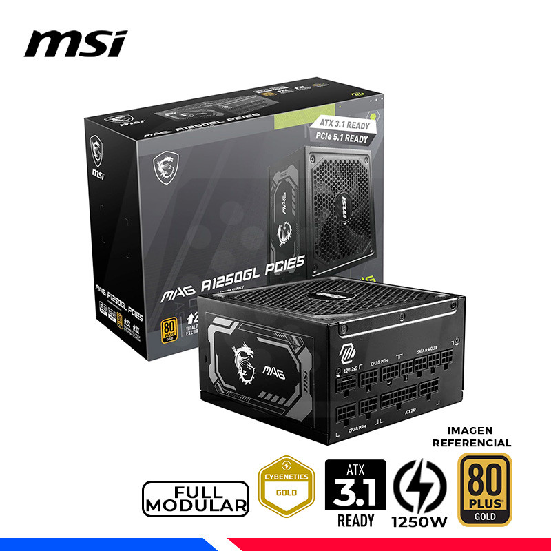 FUENTE DE PODER MSI MAG A1250GL PCI5, 80 PLUS GOLD FULL MODULAR, 1200W