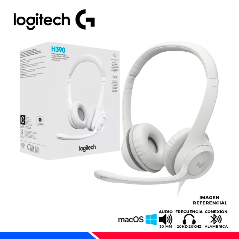MICROFONO AURICULAR LOGITECH H390 USB, CANCELACION DE RUIDO, WHITE MICROFONO AURICULAR LOGITECH H390 USB, CANCELACION DE RUIDO, WHITE