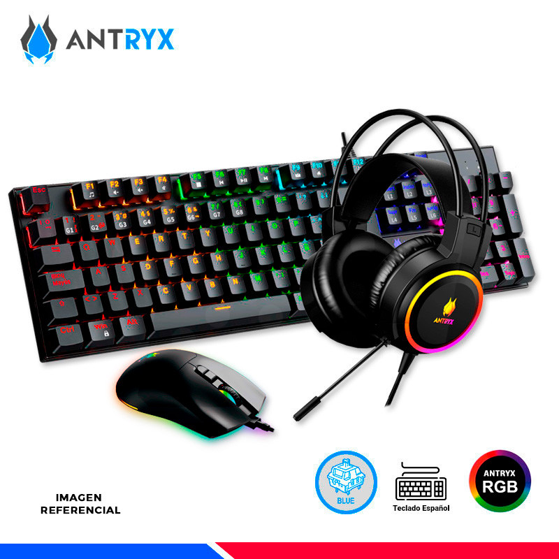KIT GAMING ANTRYX GC-3100 X3 BLACK, TECLADO SWITCH BLUE, MOUSE Y AURICULAR