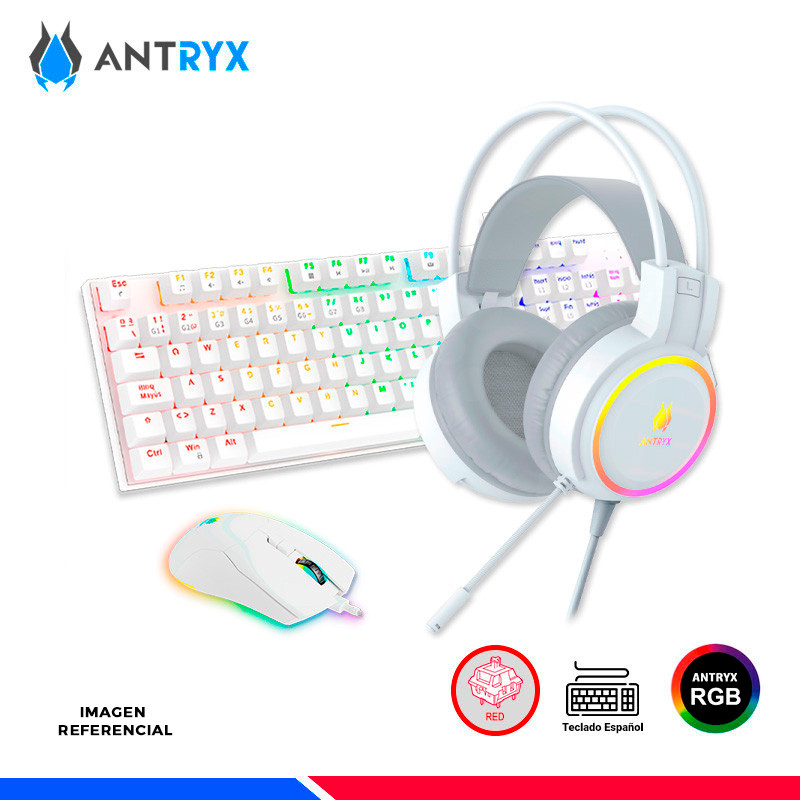 KIT GAMING ANTRYX GC-3100 X3 WHITE, TECLADO SWITCH RED, MOUSE, AURICULARES