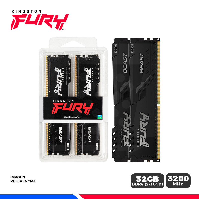 MEM. RAM KINGSTON FURY BEAST, 32GB (2x16GB) DDR4 3200 Mhz.
