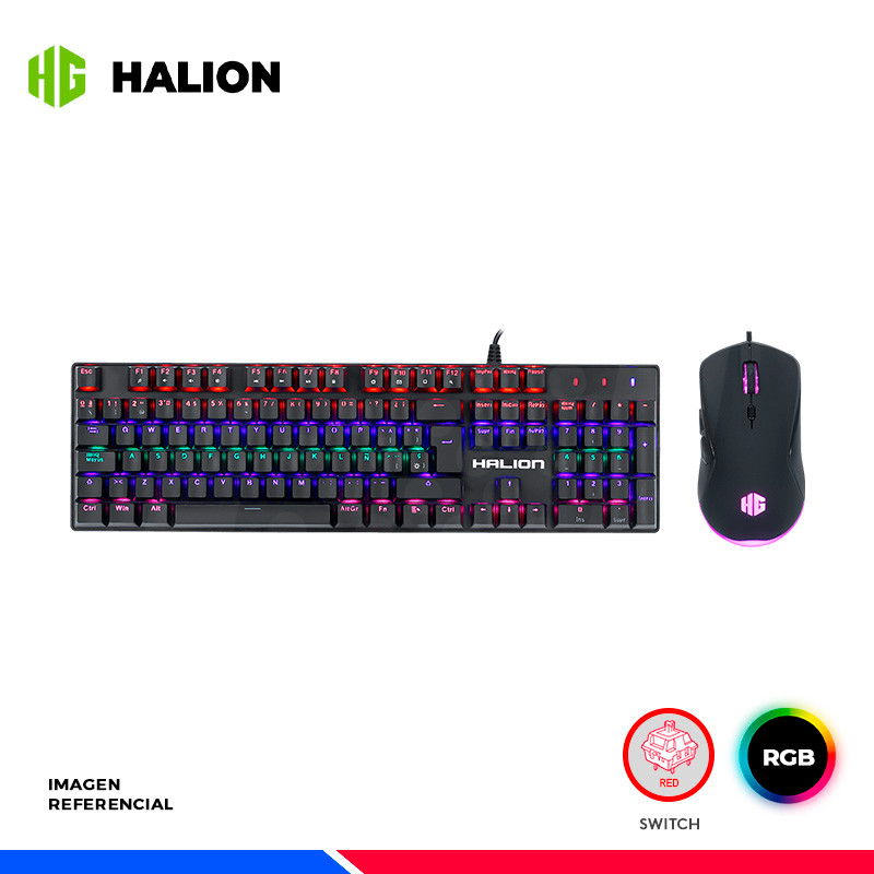 KIT GAMING HALION SMAUG HA-865C BLACK, TECLADO MECANICO + MOUSE, SWITCH RED, RGB