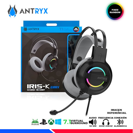 AURICULAR ANTRYX IRIS-K GRAY, 7.1 VIRTUAL SURROUND, USB, RAINBOW